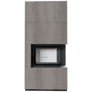 Modularni kamin KRATKI FLOKI BOX levo 8 kW Ø 160 kremen sinter NATURALI PIETRA DI SAVOIA GRIGIA BOCCIARDATA